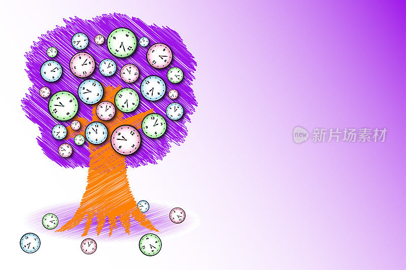 Tree with the fruits of the clock, concept of lost time and the transience of life